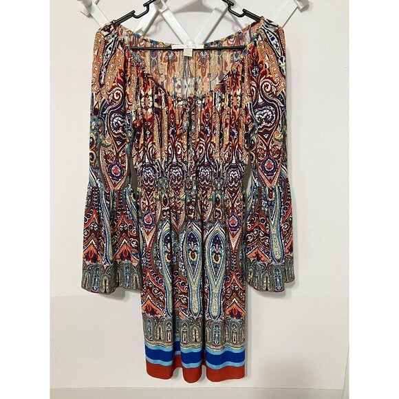 Boston Proper Womans Dress Sz 4 Multicolor Gypsy Boho Smocked Waist Bell Sleeve - Picture 1 of 9